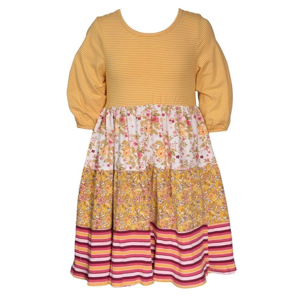 Bonnie Jean Big Girl 10 Tiered Dress‎ Mustard Yellow Mixed Print 3/4 Sleeves